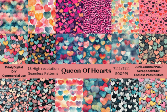 18 High Resolution Seamless Patterns for Abstract and Watercolor Heart Designs
