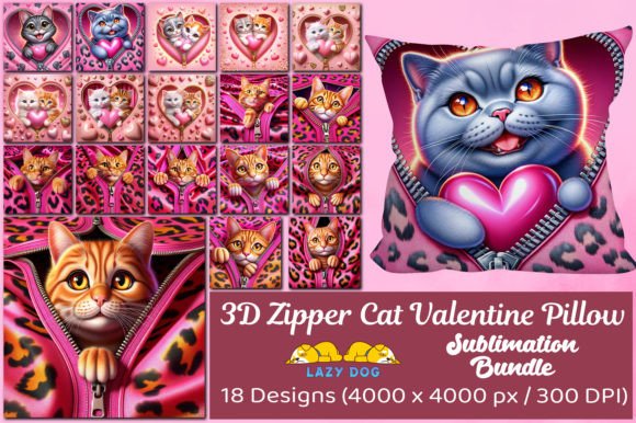 3D Sublimation Zipper Cat Valentine Pillow Bundle