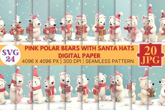 Polar Bears with Santa Hats Digital Paper