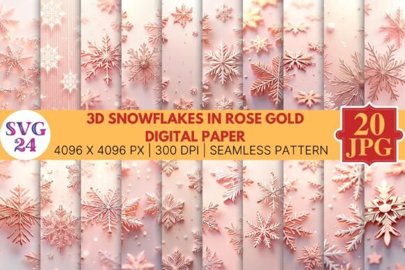 Rose Gold 3D Snowflake Digital Paper