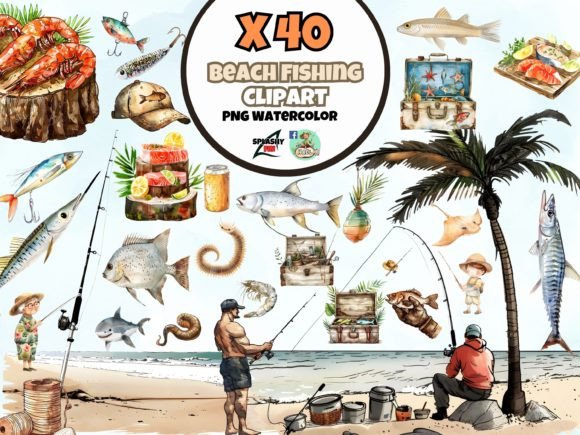 Watercolor Fishing Beach Theme Clipart