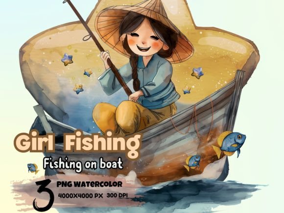 Watercolor Girl Fishing on Boat Clipart