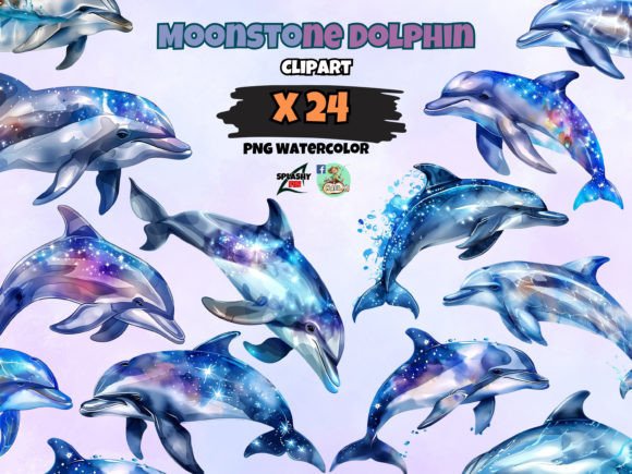 Watercolor Moonstone Dolphin Clipart