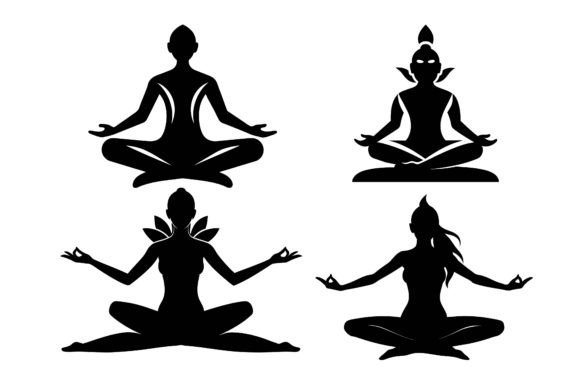 Woman in Bayam Yoga Black Silhouette Design Set